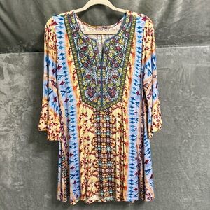 SOFT SURROUNDINGS EUC Fifi Embroidered Split Neck Boho Floral Top M